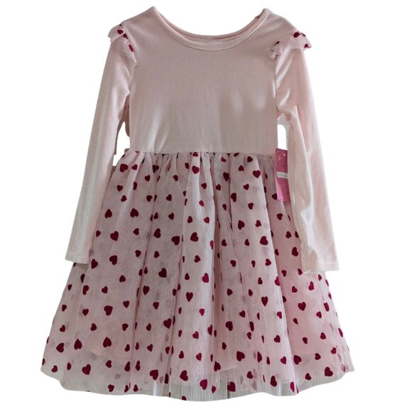 btween Girl's Velour and Tulle Pink Dress Size 4, Red Hearts, Long Sleeve, NWT - Picture 1 of 12